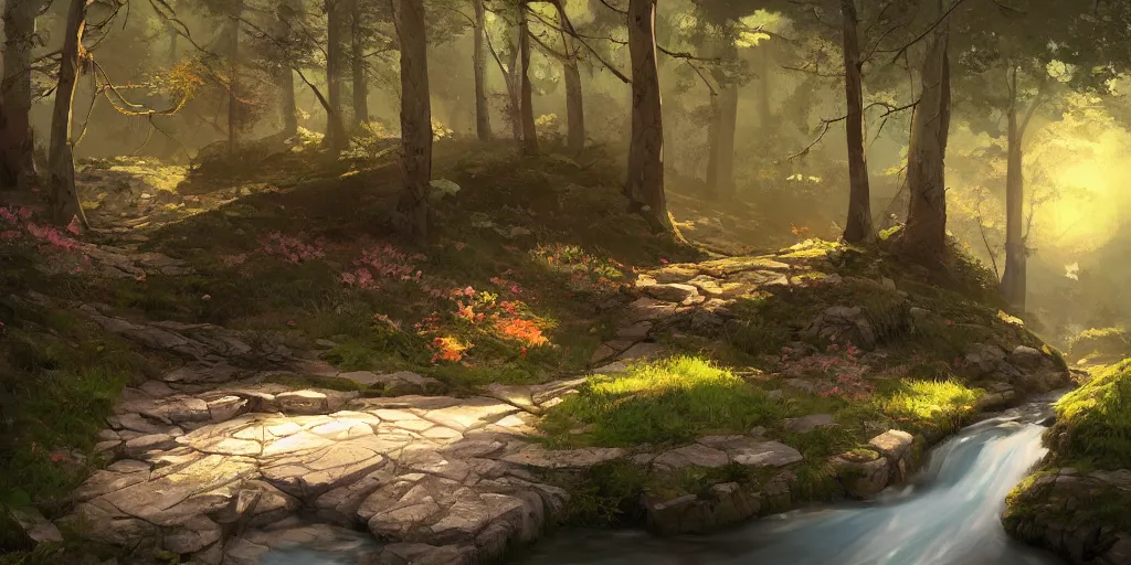 Image similar to woods on the mountain in spring with small stream and small house, warm atmosphere, ilustration, characterized by roman shipunov, etienne hebinger, atey ghailan, cgsociety, fantasy art, 2 d game art