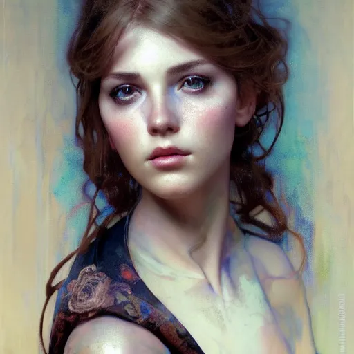 Prompt: hyperrealist portrait of a pretty young female robot with large sad eyes standing in front of a computer simulation by jeremy mann and alphonse mucha, fantasy art, photo realistic, dynamic lighting, artstation, poster, volumetric lighting, very detailed faces, award winning, full face, symmetry