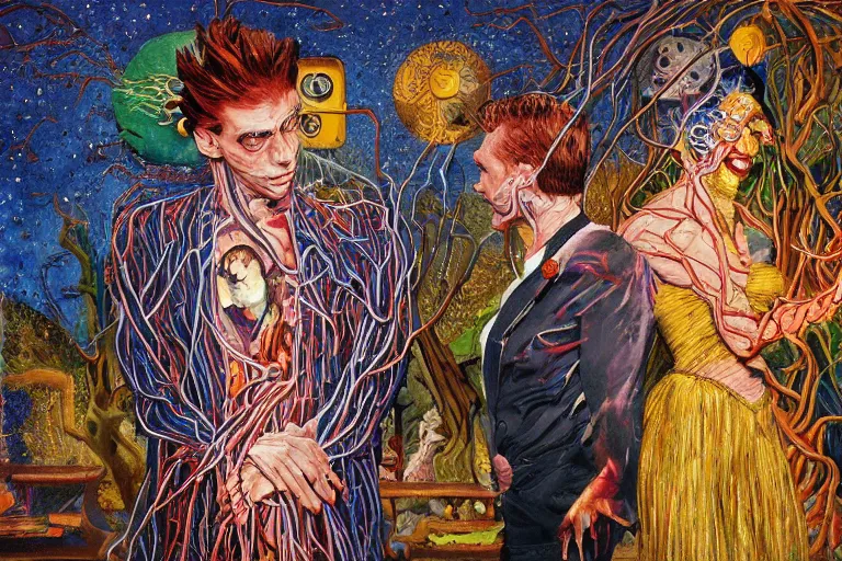 Image similar to expressionism painting of two lovers wearing a suit made of nervous system, channeling third eye energy, surrounded by a background of dark cyber mystic garden of earthly delights, midnight hour, painted part by francis bacon, part by josan gonzales, part by dan mumford, part by norman rockwell, part by gustave moreau, artstation, 4K, highly detailed,