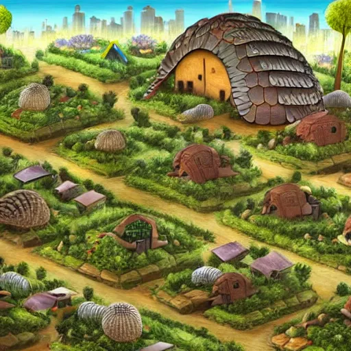 Image similar to a armadillo city with broccoli houses, highly detailed, fantasy art