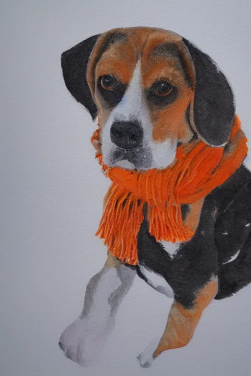 Image similar to beagle, in the snow, with an orange scarf, watercolor