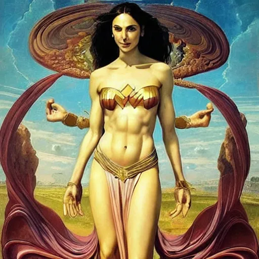 Prompt: Full body oil painting of the beautiful goddess Gal Gadot, she is wearing a peplos and a surreal ornate, her hair is natural disheveled, she is approaching heaven over the clouds, naturalism, dramatic lighting, high-detailed oil painting by Ilya Repin, Michelangelo da Caravaggio, William Blake, Alex Grey and Beksinski, trending on Artsation, hystorical painting, naturalism, masterpiece, 4k, 8k,