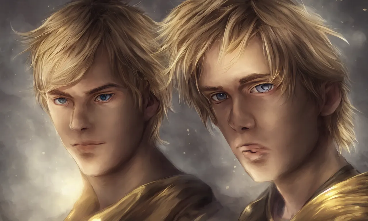 Image similar to portrait, blonde boy with golden eyes wearing a brown cape, anime screenshot, mappa studio artstyle, hyper realistic, pale skin, extreme detail, trending artstation, hd, fantasy, realistic lighting, sharp focus, backlit