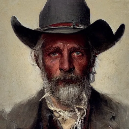 Prompt: Solomon Joseph Solomon and Richard Schmid and Jeremy Lipking victorian genre painting portrait painting of a old rugged cowboys gunfighter old west character in fantasy costume, red background