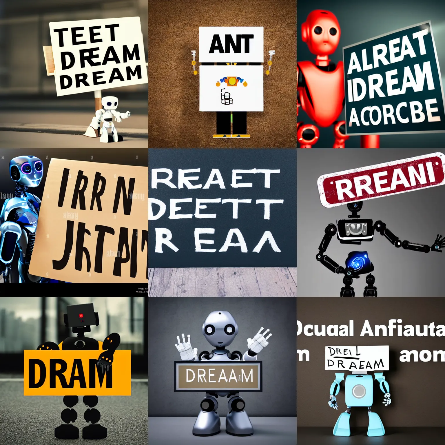 Image similar to artificial intelligence robot holding a sign with text that reads : dream