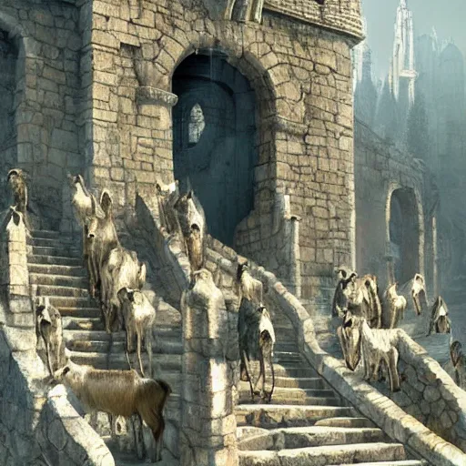 Prompt: a herd of goats! climbing stairs in a beautiful fantasy castle made from white stone and bright copper, medieval city, metropolis, magic, tall towers, sunlight, white marble, god rays, digital art, landscape, fantasy art, octane render, unreal engine, high detail, very realistic, by greg rutkowski. by james gurney