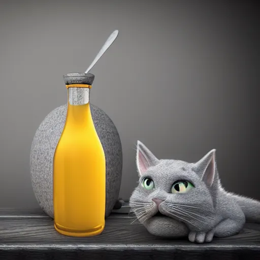 Image similar to cute gray cat as a liquid in a fantasy potion bottle on a rustic tabletop, pixar, 3 d render, blurred background