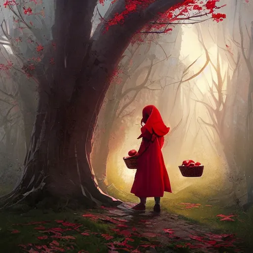 Image similar to a girl with a red cloak holding a basket full of apples, by Jordan Grimmer and greg rutkowski, crisp lines and color,