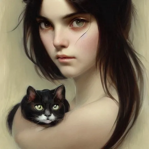 Image similar to emo girl and her cat, with long dark hair, thick eyebrows!!! deep dark big eyes and dark circles!, wide nose!!!, oval face shape, big cheeks!, by greg rutkowski and alphonse mucha, trending on artstation