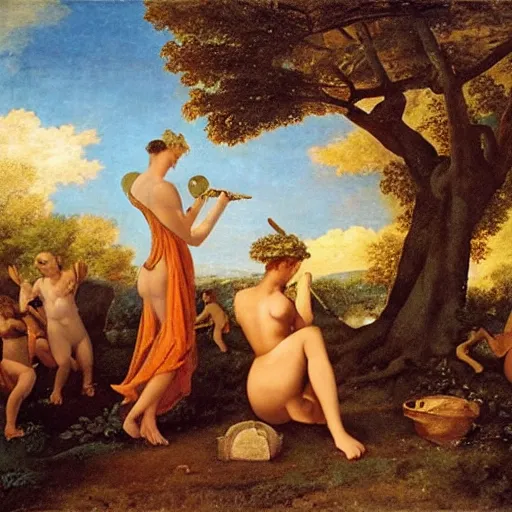 Image similar to ethereal landscape, elves, fauns, musicians, claude poussin