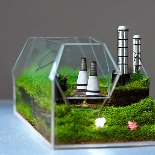 Image similar to a terrarium with nuclear power station diorama inside on top of a minimalist table, lit from the side