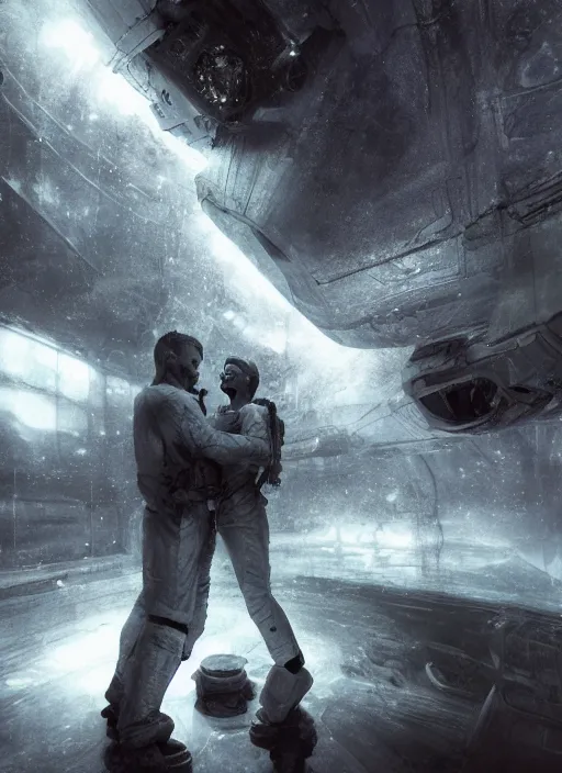 Prompt: concept art by craig mullins infrared complex and hyperdetailed astronauts hugging in futuristic dark and empty spaceship underwater. reflection and dispersion materials. rays and dispersion of light. volumetric light. 5 0 mm, f / 3 2. noise film photo. flash photography. unreal engine 4, octane render. interstellar movie art
