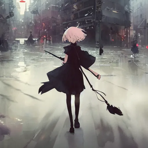 Prompt: anime key visual of a little witch walking through busy cities, cinematic lighting, dramatic atmosphere, by dustin nguyen, akihiko yoshida, greg tocchini, greg rutkowski, cliff chiang, 4 k resolution