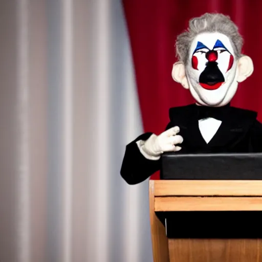 Image similar to mad puppeteer using marionette of a president with clown makeup in a podium