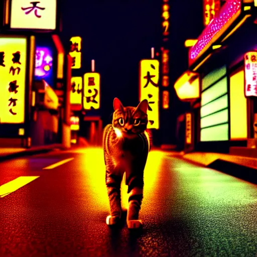 Image similar to a cat waking in a neon light street, in japan, 4 k, high definition wallpaper