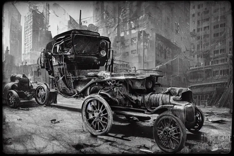 Image similar to cyberpunk 1 9 0 8 model ford t by paul lehr, jesper ejsing, metropolis, parked by view over city, vintage film photo, robotic, damaged photo, scratched photo, silent movie, black and white photo