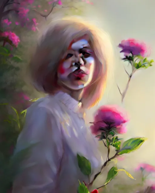 Image similar to candy clark surrounded by mist and pretty flowers, very detailed, realistic face, detailed face, matte, tonemapping, perfection, 4 k, cushart krenz, cinematic, atmospheric