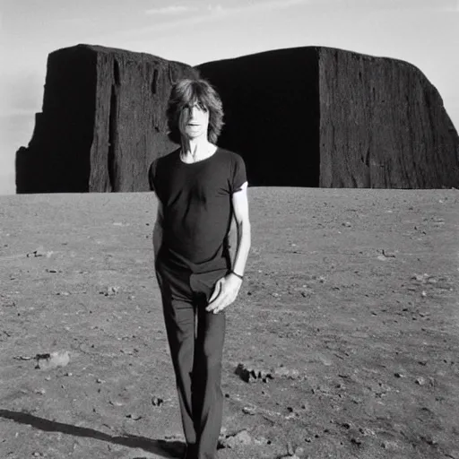 Prompt: mick jagger in front of a huge black monolith, monolith landscape, from the movie 2 0 0 1 a space oddisey directed by stanley kubrick, detailed photo,