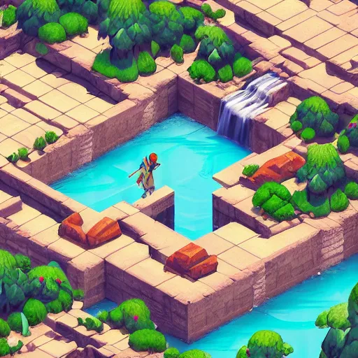 Image similar to isometric webdesign icon for ruins desert oasis with waterfall, 3d render, high details, cinematic, by Artgerm, tooth wu, dan mumford, beeple, wlop, rossdraws, James Jean, Andrei Riabovitchev, Marc Simonetti, yoshitaka Amano, Artstation