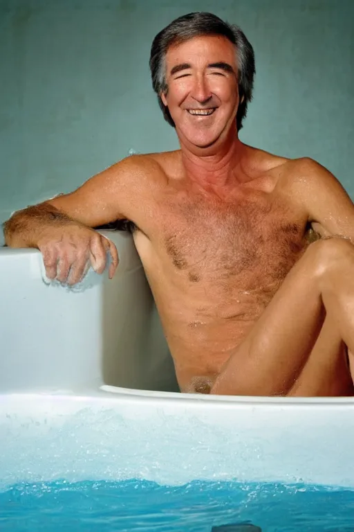 Image similar to randy mantooth laughing and sitting in a bathtub filled with clear yellow water
