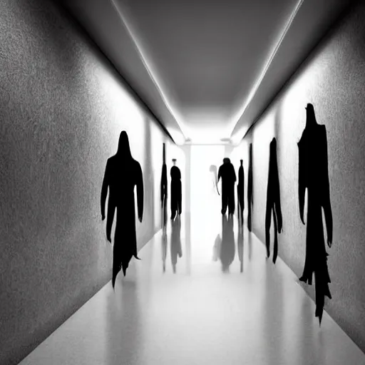 Prompt: a scary hallway that never ends that resembles a hospital with silhouettes of demons in the shadows, realistic, dark, horror, scary, eerie, obnoxious