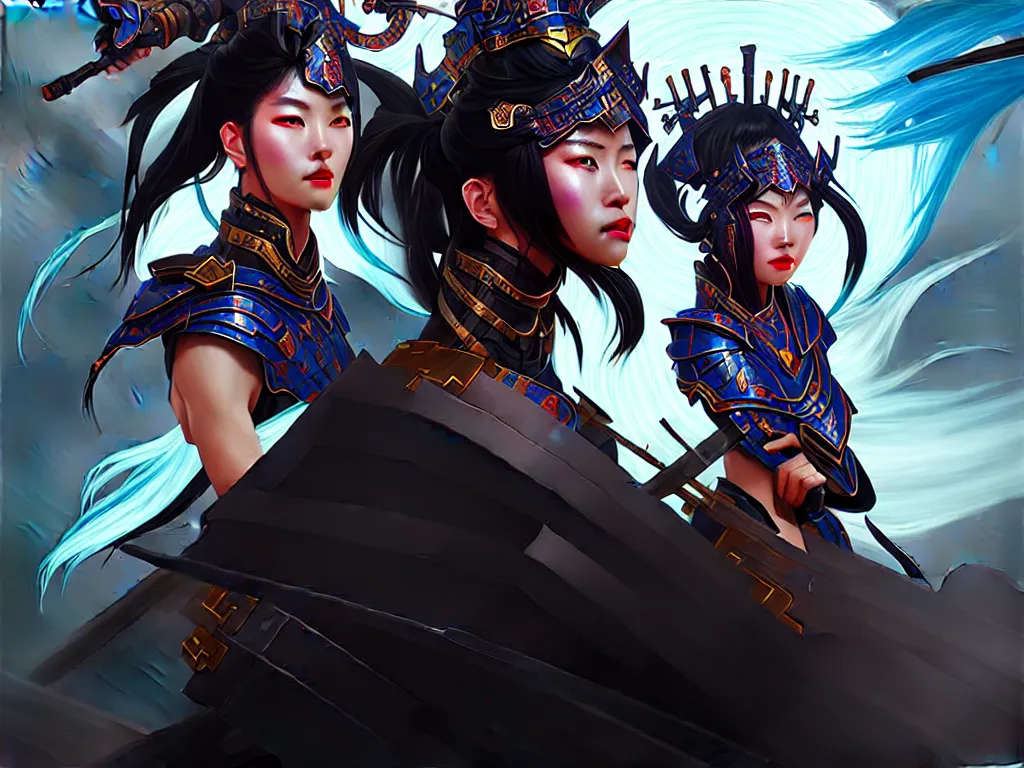 Prompt: portrait hero action pose of futuristic black hair female knights of zodiac, abstract chinese dragon concept art, d & d, at neon light ancient temple, highly detailed, digital painting, artstation, sharp focus, illustration, art by tan zi and ayanamikodon and alphonse mucha and wlop