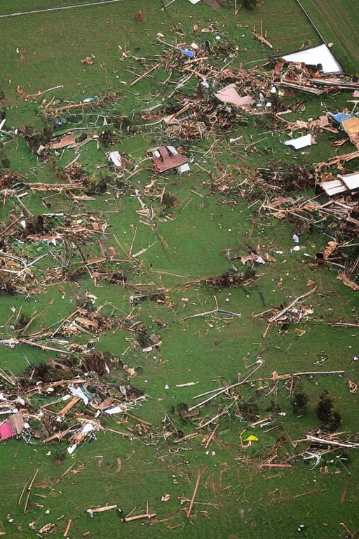 Prompt: Tornado rips through farmland, trending on artstation, birds eye view