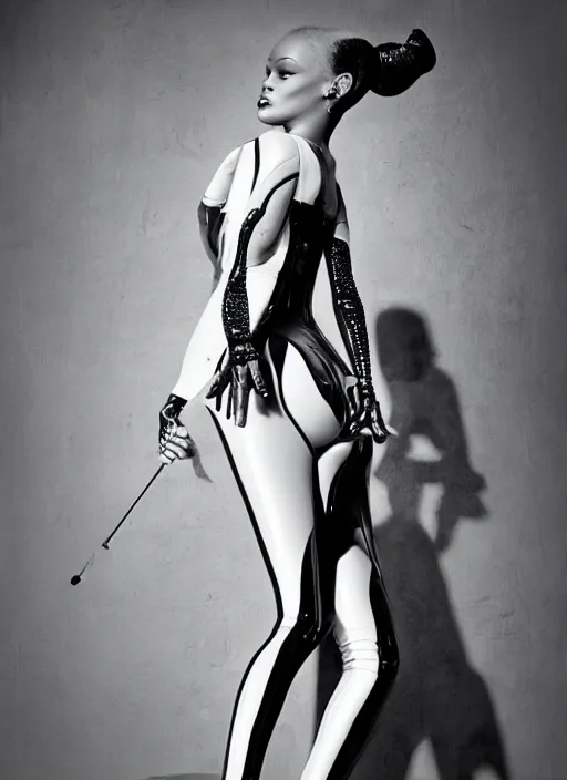 Image similar to a portrait of rihanna by gilles berquet, serge lutens, wearing atsuko kudo latex outfit, photorealistic, intricate details, hyper realistic, ', photorealistic, canon r 3, photography, symmetrical features, symmetrical pose, wide angle shot, head to toe, standing pose, feet on the ground,