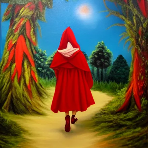 Prompt: oil painting of little red riding hood walking through a fantasy landscape filled with brugmansia suaveolens