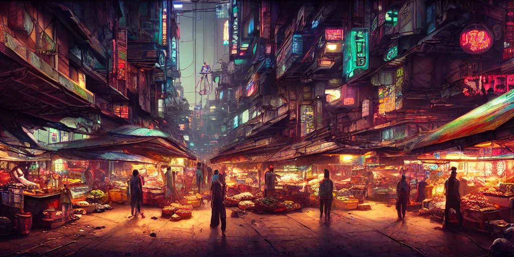 Prompt: an intricate concept art of a market slum inside a megastructure city, cyberpunk neon light district, sci-fi, cinematic lighting, hyper realistic, art by dylan cole, detailed matte painting, digital art, sci-fi film color palette