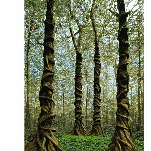 Prompt: spiral trees in a dense forest by damien hirst