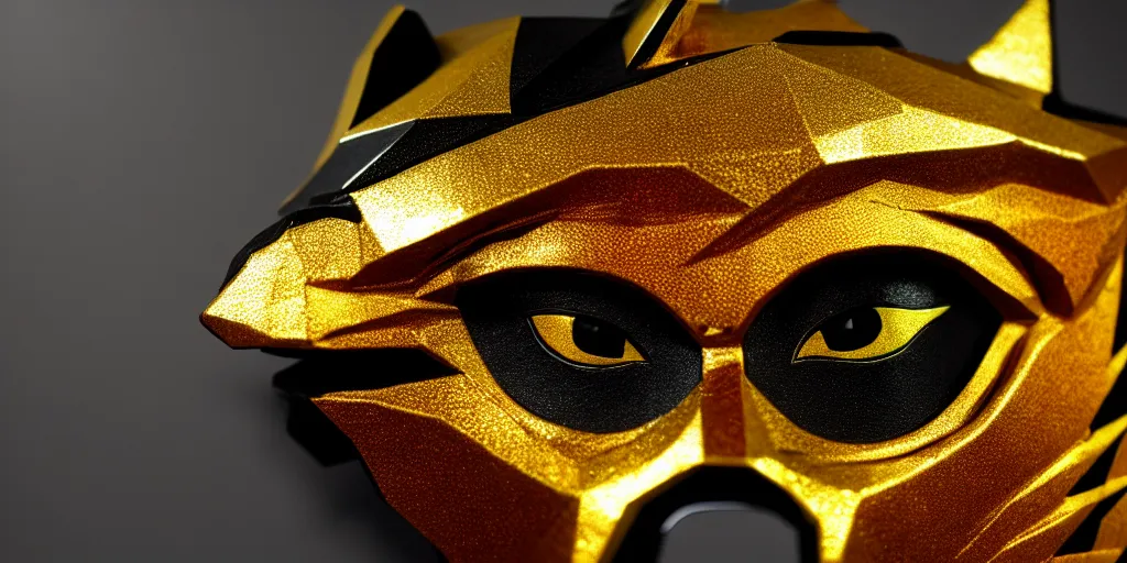 Image similar to prism samurai tiger mask, product photography, deep black background, fantasy, highly detailed, texture, shimmering, wlop, concept art, digital art, symmetrical features, 8k, golden-ratio, canvas, Wangechi Mutu, artstation, rule of thirds