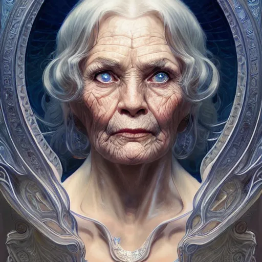 Image similar to Portrait of old wrinkly grandma, D&D, blue eyes, face, fantasy, intricate, elegant, highly detailed, digital painting, artstation, concept art, smooth, sharp focus, illustration, art by artgerm and greg rutkowski and alphonse mucha