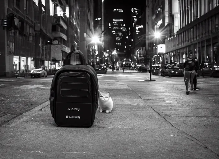 Image similar to photography of a Cat being carried in a backpack . in a new york street. award winning photo, led lighting, night, 130mm, sharp, high res