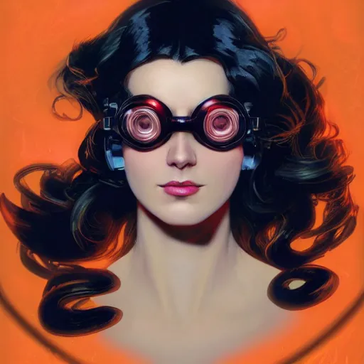 Prompt: a head and shoulders portrait of a dark haired woman, neon, retro, steampunk, goggles, smooth, sharp focus, intricate, artstation, detailed concept art by Rutkowski and Mucha and sky sewa and Marc Simonetti