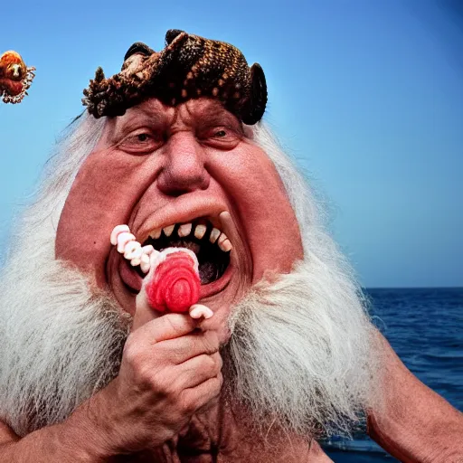 Image similar to National Geographic photo of angry old man with octopus living in his mouth