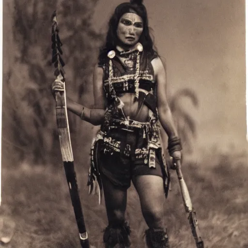 Prompt: old antique photo of jenifer lopez as an apache warrior