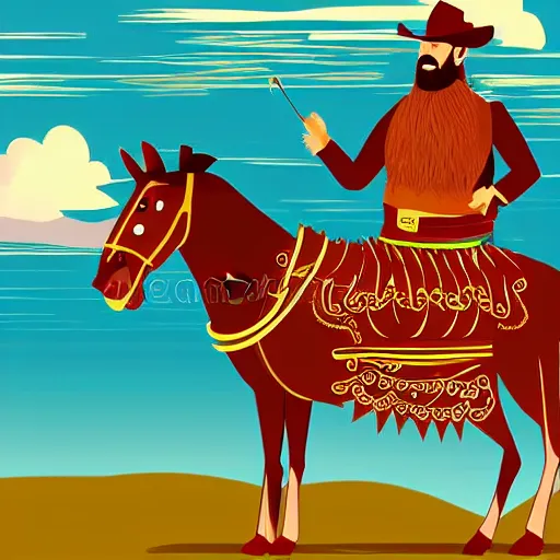 Prompt: bearded cowboy standing alone in central asian steppe, persian folkore illustration