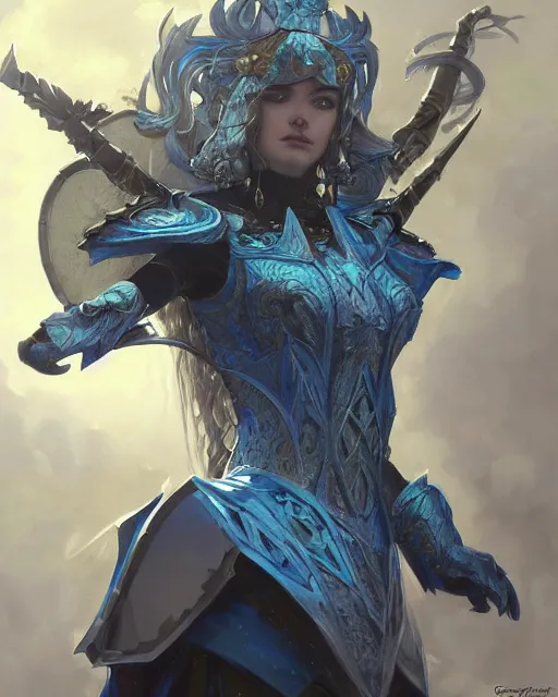 Image similar to Portrait of a Fantasy azure knight, moonlit, HD, illustration, epic, D&D, fantasy, intricate, elegant, highly detailed, digital painting, artstation, concept art, smooth, sharp focus, illustration, art by artgerm and greg rutkowski and alphonse mucha, monster hunter illustrations art book