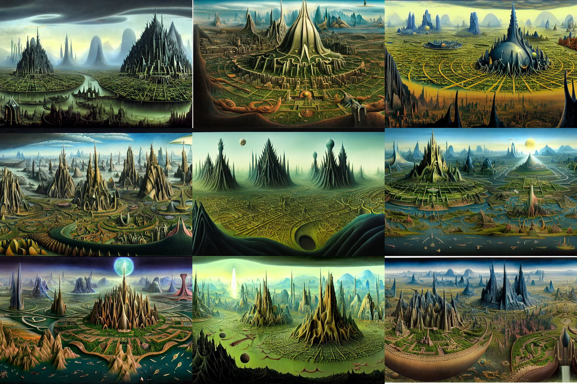 Prompt: a beautiful and insanely detailed matte painting of an advanced sprawling civilization with surreal architecture designed by Heironymous Bosch and Jim Burns, mega structures inspired by Heironymous Bosch's Garden of Earthly Delights, a beautiful and insanely detailed matte painting of an advanced sprawling civilization with surreal architecture designed by Heironymous Bosch and Jim Burns, mega structures inspired by Heironymous Bosch's Garden of Earthly Delights, a beautiful and insanely detailed matte painting of an advanced sprawling civilization with surreal architecture designed by Heironymous Bosch and Jim Burns, mega structures inspired by Heironymous Bosch's Garden of Earthly Delights, vast landscape by Jim Burns and Tyler Edlin, dark sci-fi concept art, vast horizons by Jim Burns and Tyler Edlin, masterpiece!!, grand!, imaginative!!!, whimsical!!, epic scale, intricate details, sense of awe, elite, complex layered composition!!