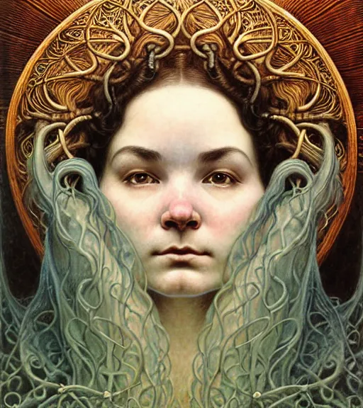 Image similar to detailed realistic beautiful young medieval bjork face portrait by jean delville, gustave dore and marco mazzoni, art nouveau, symbolist, visionary, gothic, pre - raphaelite. horizontal symmetry by zdzisław beksinski, iris van herpen, raymond swanland and alphonse mucha. highly detailed, hyper - real, beautiful