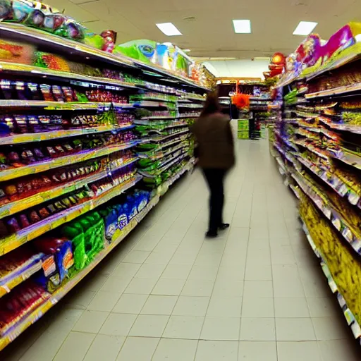 Image similar to supermarket aisles, shoppers, fisheye lens, color, fluorescent lighting,