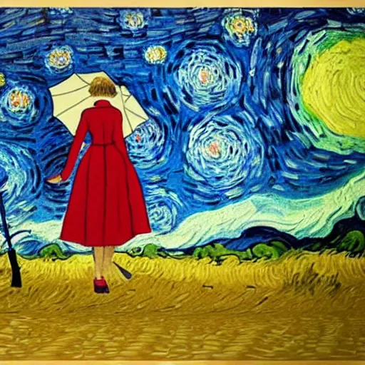 Image similar to girl with an umbrella girl with an umbrella. a walk inside a van gogh painting is a starry night. inside the painting. see everything from the inside. clearly detailed. dramatic.