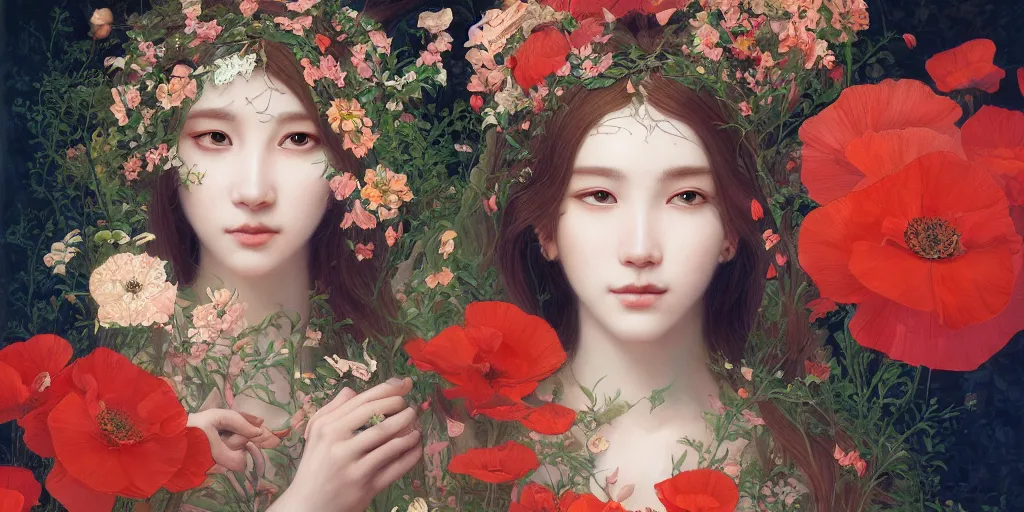 Image similar to breathtaking detailed concept art painting of the goddess of poppy flowers, orthodox saint, with anxious, piercing eyes, ornate background, amalgamation of leaves and flowers, by hsiao - ron cheng and john james audubon and miho hirano, extremely moody lighting, 8 k