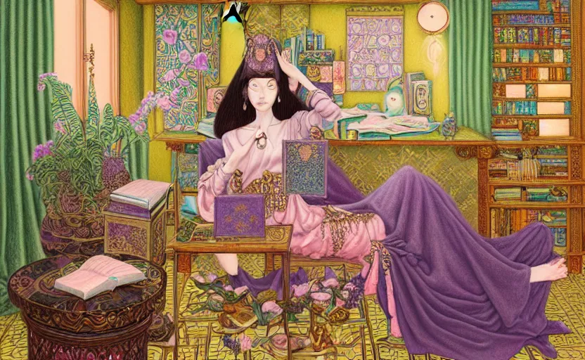 Image similar to a pastel drawing of a female wizard, ornate clothing, lounging on a purpur pillow on the marbled checkered floor in his study room reading an ancient tome. to the side is a potted plant, moody candlelit raytracing. ancient scifi fantasy setting. detailed face, sharp focus. by chie yoshii and mati klarwein