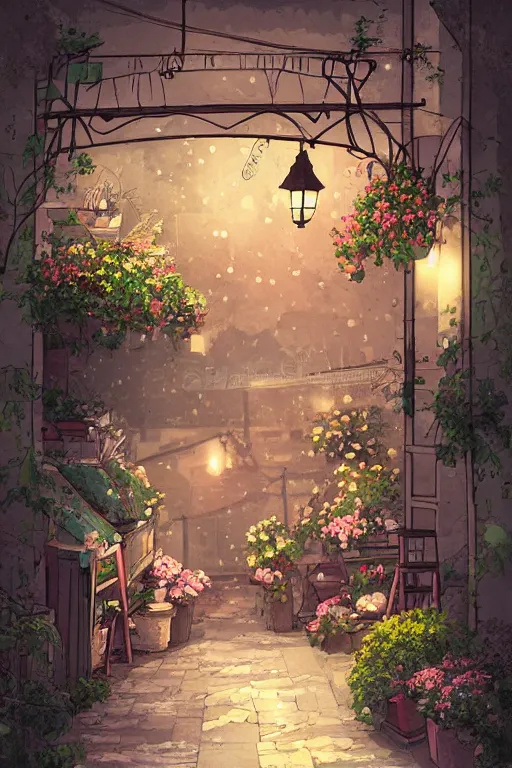 Image similar to a little flower shop's front gate, nostalgic, digital illustration, dramatic lighting, pixiv