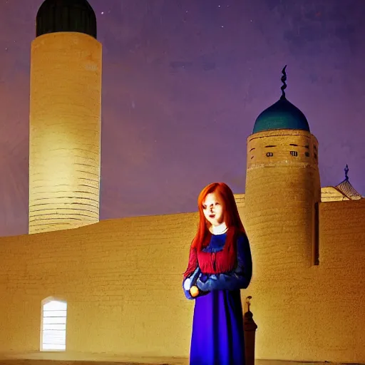 Prompt: redhead girl, blue dress, detailed, nasirolmolk mosque, colorful lights, by john howe _ h 7 0 4