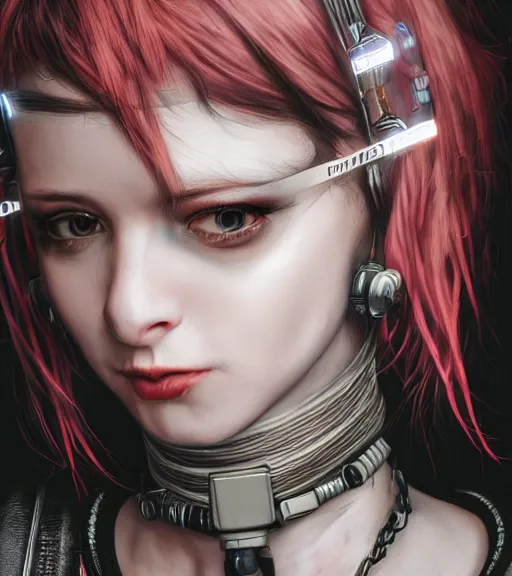 Image similar to detailed realistic female character cyberpunk wearing thick technological collar around neck, realistic, art, beautiful, 4K, collar, choker, collar around neck, punk, artstation, detailed, female, woman, choker, cyberpunk, neon, punk, collar, choker, collar around neck, thick collar, tight around neck, punk,