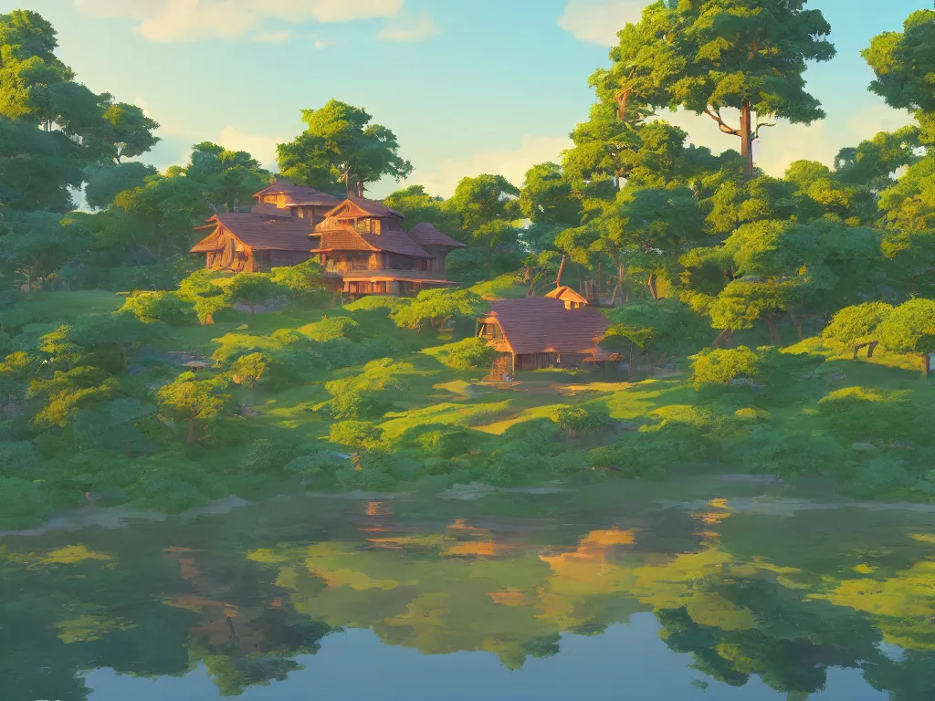 Prompt: a serene landscape with a singular building near a lake at sunrise, reflexion of the sun on the water, ghibli studio, anime style, pixar and disney style, high quality, highly detailed, 8 k, soft lighting, soft colors, path traced, bloom, godrays, complementary colors, natural lighting, beautiful, elegant, breathtaking landscape