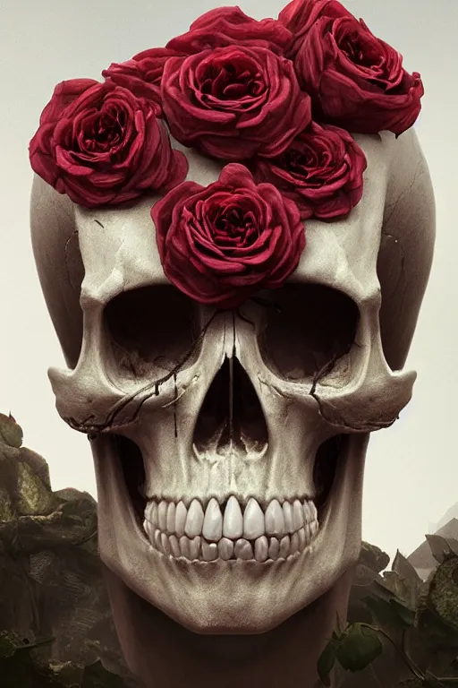Prompt: skull bust, technology vs nature, split in half, extruded out of the face, roccoco roses, beautiful natural soft light, unreal engine, octane render, photorealistic by michael komarck, greg rutkowski, victo ngai, artgerm, willem claesz heda and j. dickenson